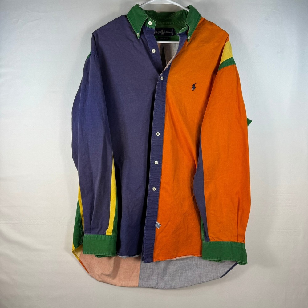 Vintage Ralph Lauren Color Block Shirt Mens Large Multi Color Cotton Button Down